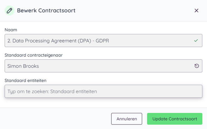 Update de contractsoort met de nieuwe default contracteigenaar