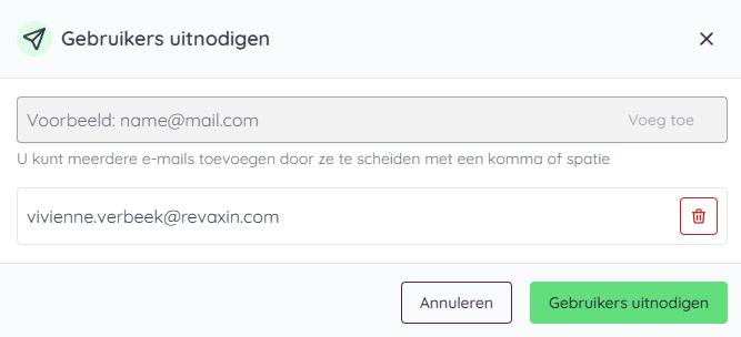 vul het emailadres in van de uit te nodigen nieuwe gebruiker