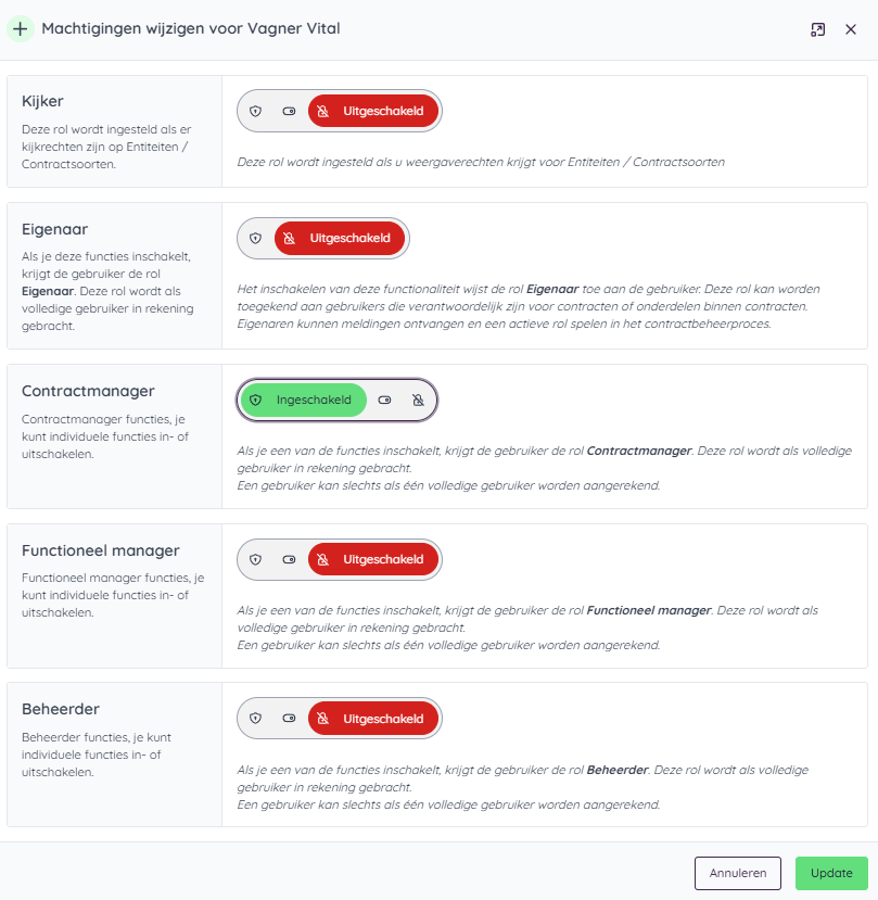 Alleen de rol Contractmanager staat nu aan