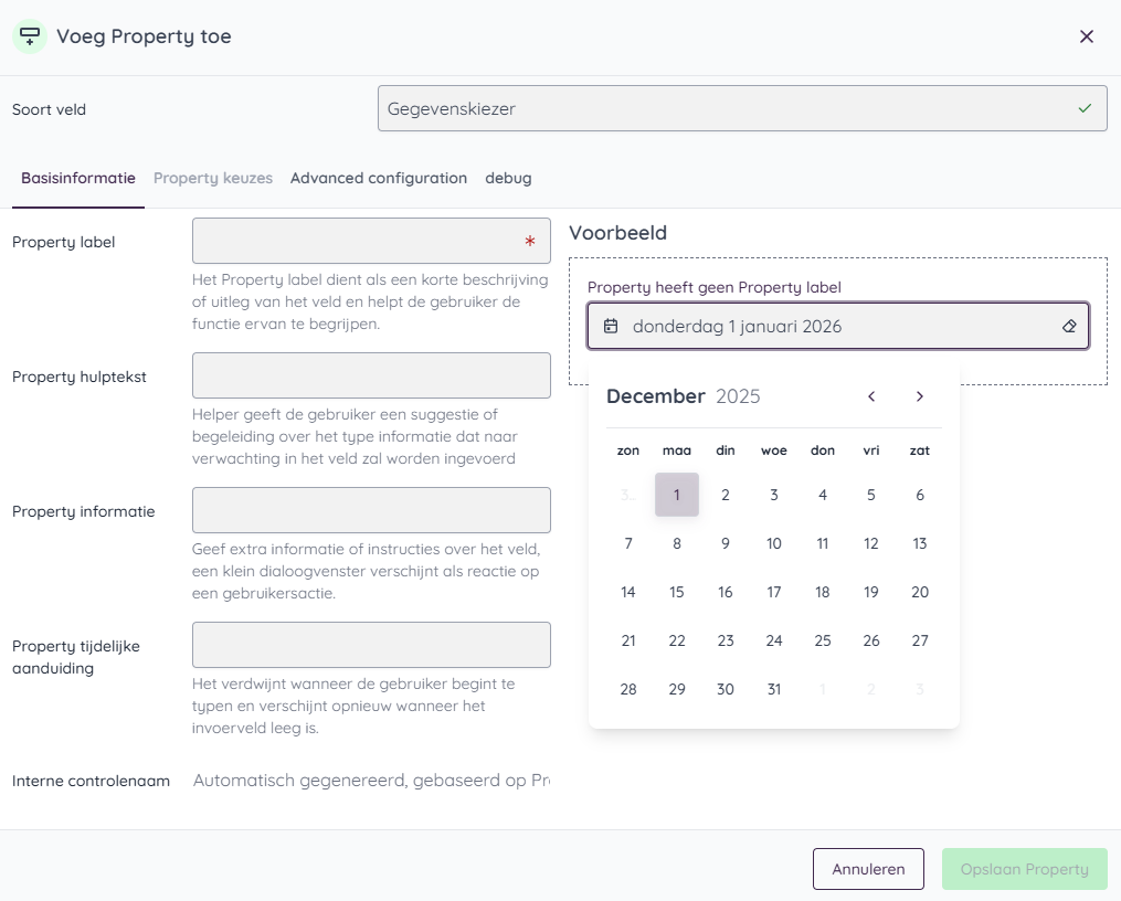Voorbeeld gegevenskiezer (datumveld)