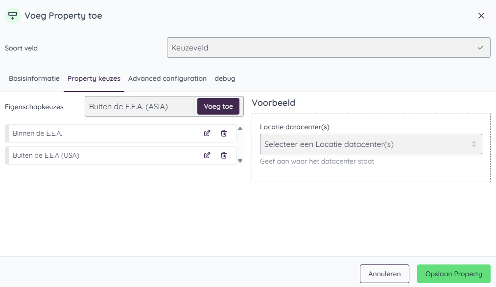 Geef de keuze opties aan en sla op
