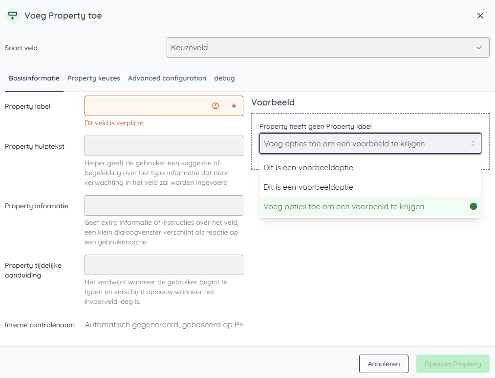 Voorbeeld keuzeveld (in een drop down)