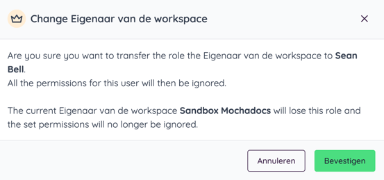 Bevestig de overdracht van de workspace eigenaar