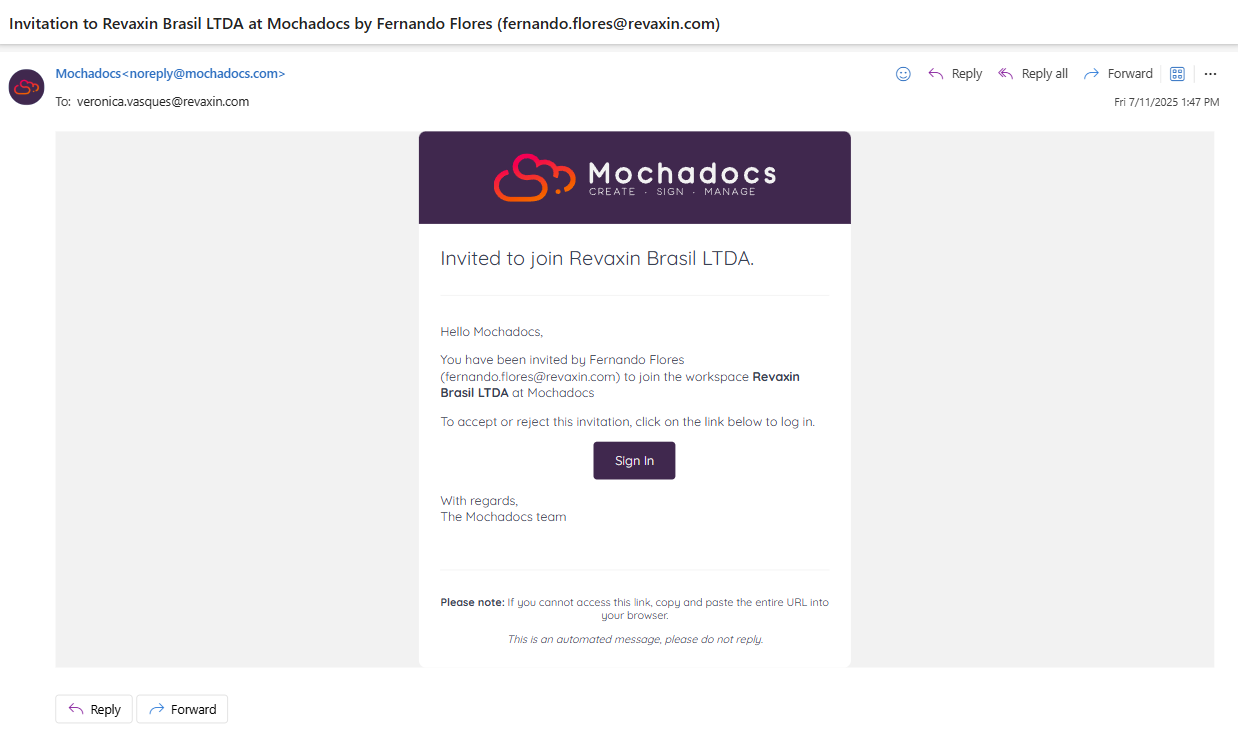Invitation Email View User Mochadocs