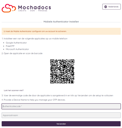 Scan je QR code en vul de ontvangen 6 cijferige code in