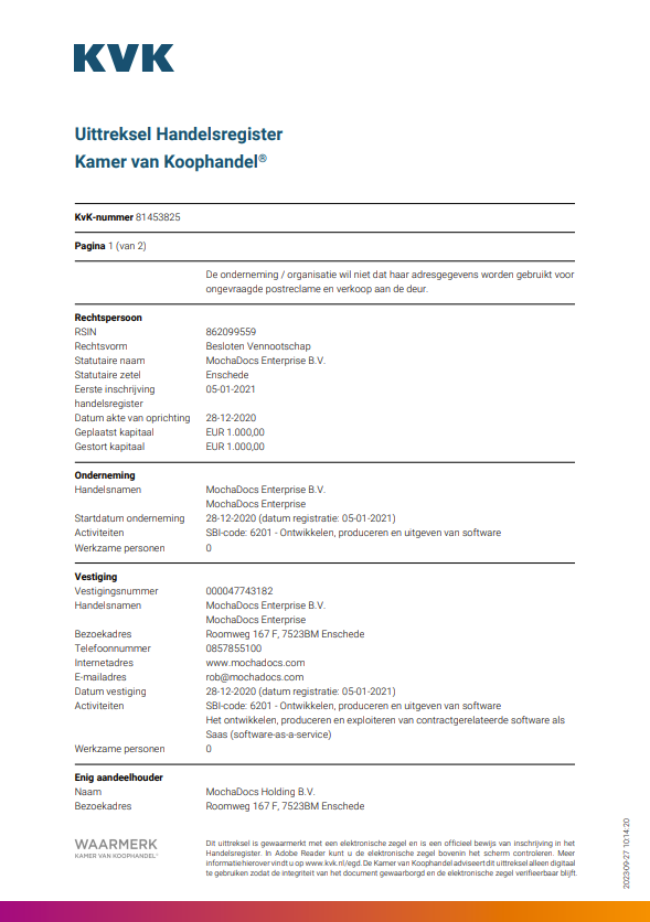 Uittreksel Handelsregister Mochadocs Enterprise BV
